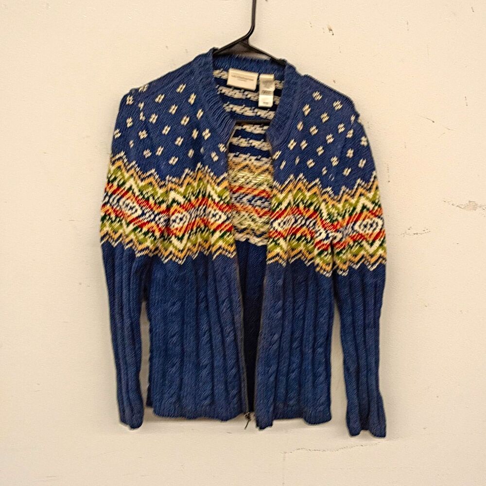 Liz Claiborne Women’s S Blue/Multicolor Fair Isle Cable-Knit Full Zip Cardigan